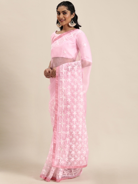 

LADUSAA Pink & White Organza Embroidered Saree