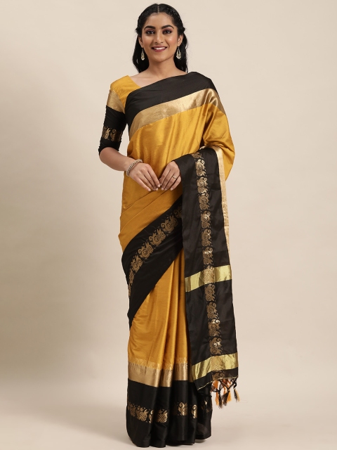 

LADUSAA Mustard Yellow & Gold-Toned Solid Paithani Saree