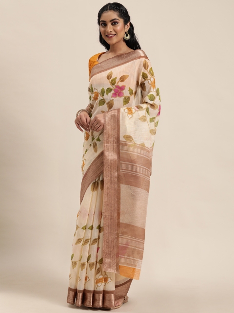 

LADUSAA Beige & Green Floral Printed Pochampally Saree