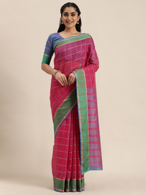 

LADUSAA Pink & Blue Checked Saree