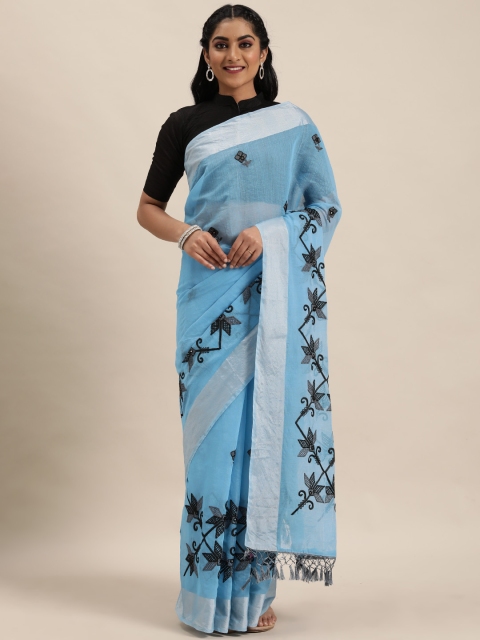 

LADUSAA Blue & Black Embroidered Chanderi Saree