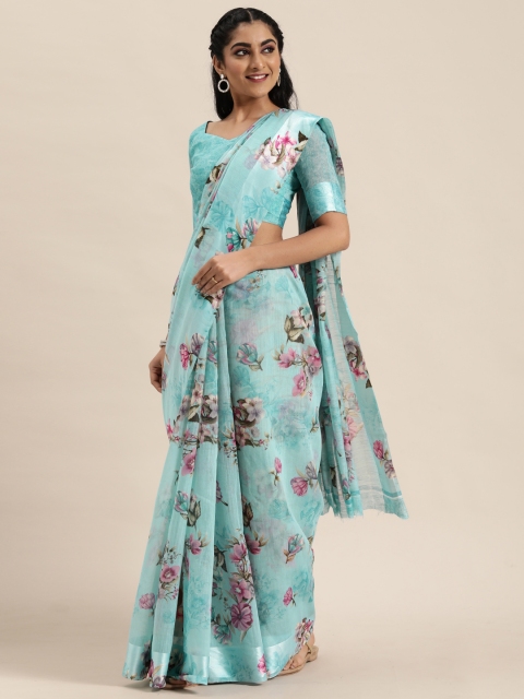

LADUSAA Blue & Pink Floral Printed Saree