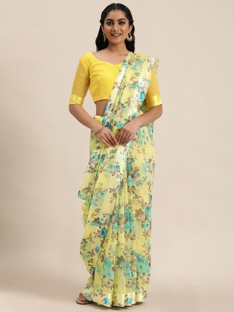 

LADUSAA Yellow & Sea Green Floral Printed Saree