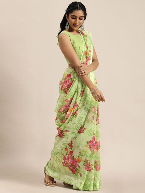 

LADUSAA Green & Pink Floral Print Saree