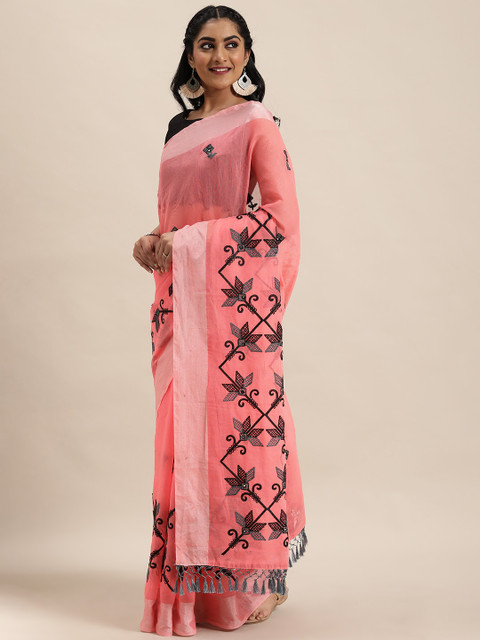 

LADUSAA Pink Embroidered Chanderi Saree