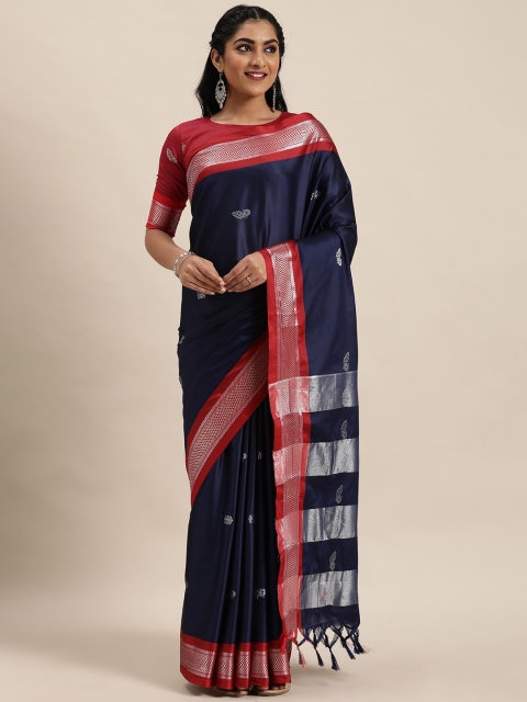 

LADUSAA Navy Blue & Silver-Coloured Woven Design Paithani Saree