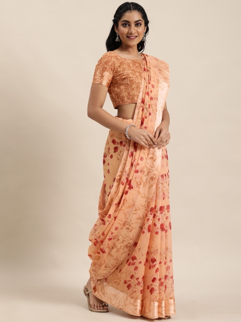

LADUSAA Peach-Coloured & Red Printed Saree
