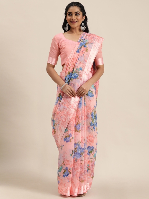 

LADUSAA Pink & Blue Floral Print Saree