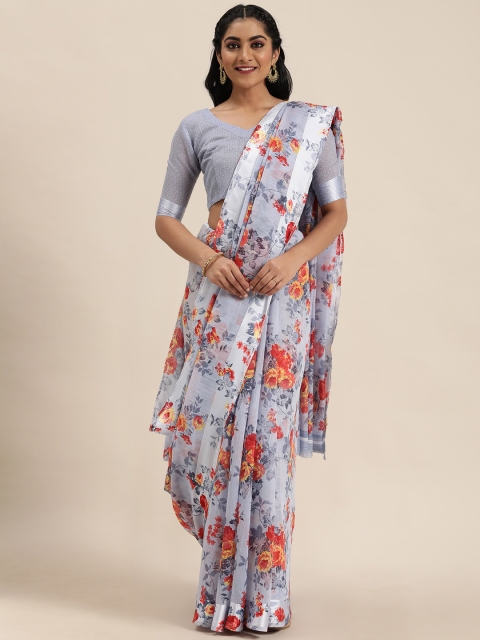 

LADUSAA Grey & Orange Floral Printed Saree