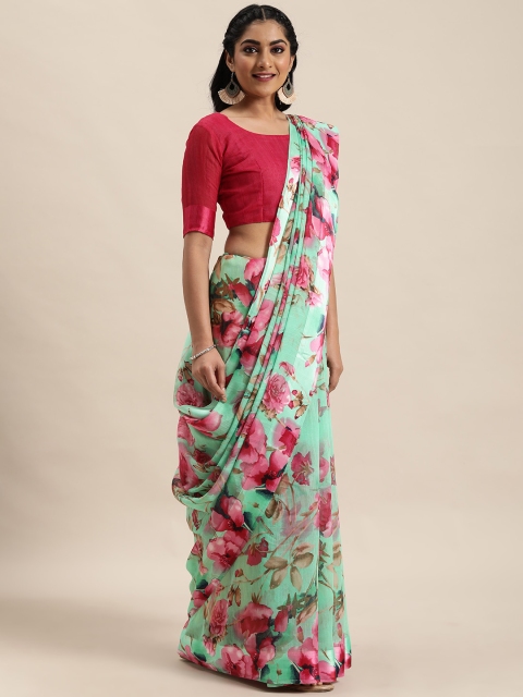 

LADUSAA Sea Green & Pink Floral Printed Saree