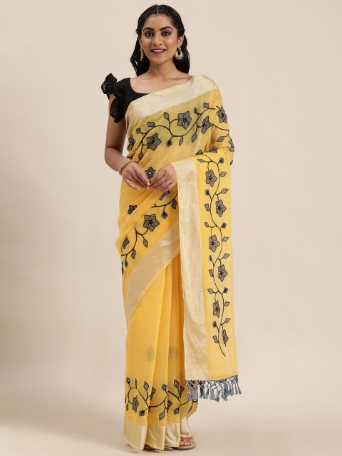 

LADUSAA Mustard Yellow & Black Embroidered Chanderi Saree