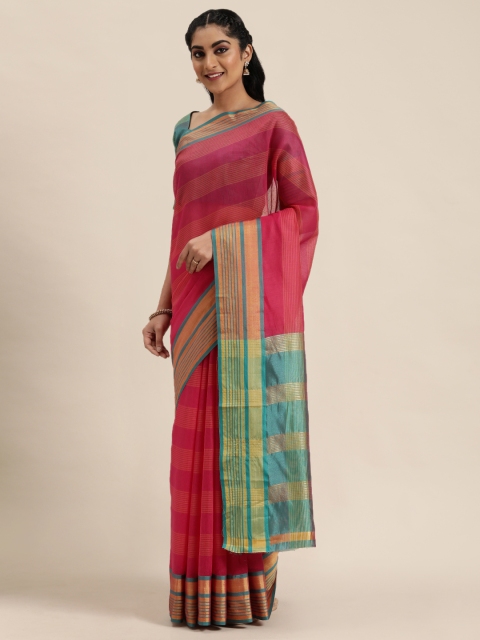 

LADUSAA Pink & Peach-Coloured Striped Saree