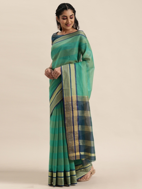 

LADUSAA Sea Green & Beige Striped Saree