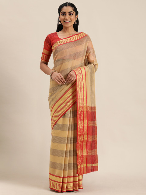 

LADUSAA Beige & Red Striped Saree