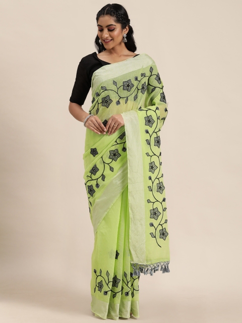 

LADUSAA Green & Black Floral Embroidered Chanderi Saree