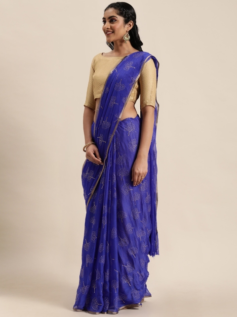 

LADUSAA Blue Embellished Poly Chiffon Saree