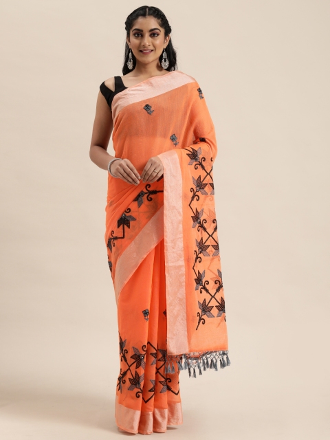 

LADUSAA Orange & Black Embroidered Chanderi Celebrity Saree