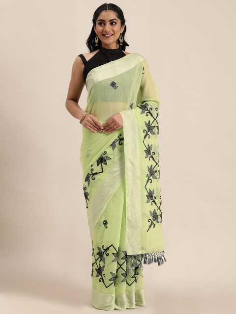

LADUSAA Lime Green & Grey Embroidered Chanderi Saree