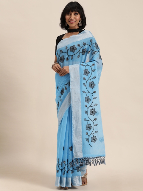 

LADUSAA Blue Embroidered Chanderi Saree