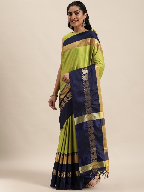 

LADUSAA Lime Green Solid Paithani Saree