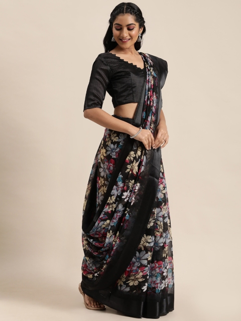

LADUSAA Black & Pink Floral Print Pochampally Saree