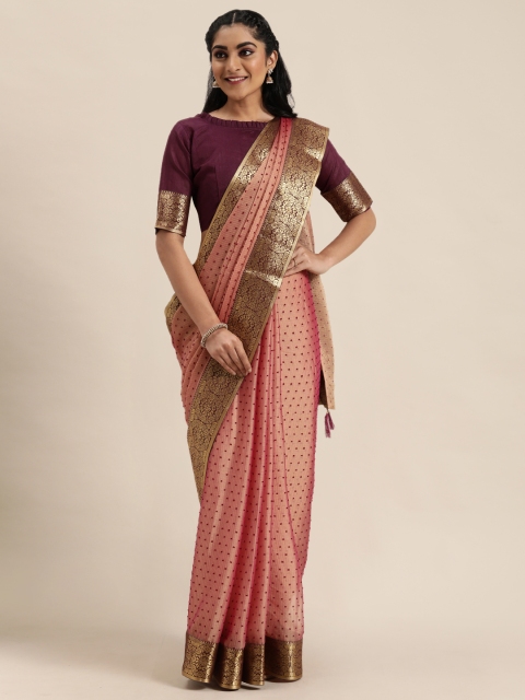 

LADUSAA Pink & Purple Woven Design Mysore Silk Saree