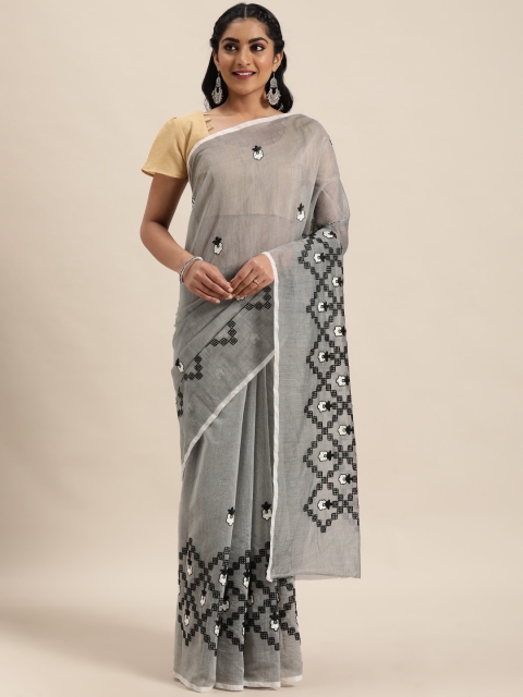 

LADUSAA Grey & Black Embroidered Patola Saree