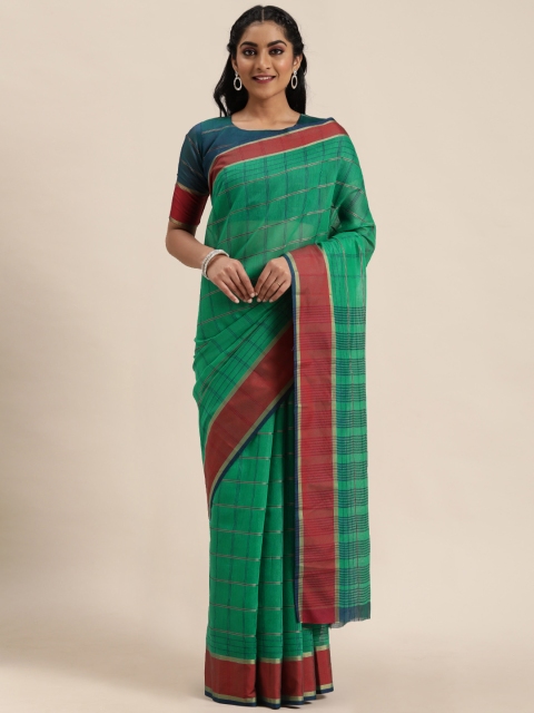 

LADUSAA Green & Blue Checked Saree