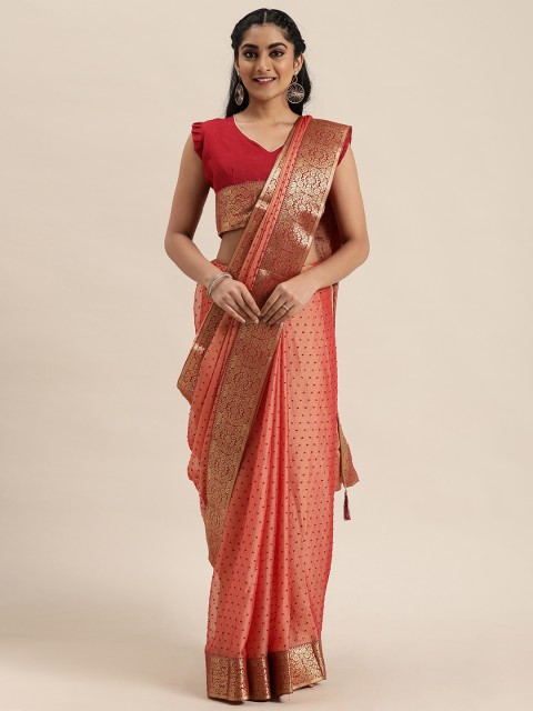 

LADUSAA Red & Gold-Toned Woven Design Mysore Silk Saree