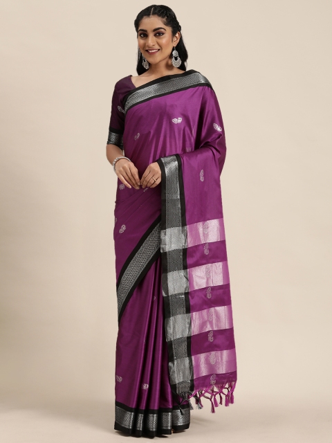 

LADUSAA Purple & Silver-Toned Woven Design Paithani Saree