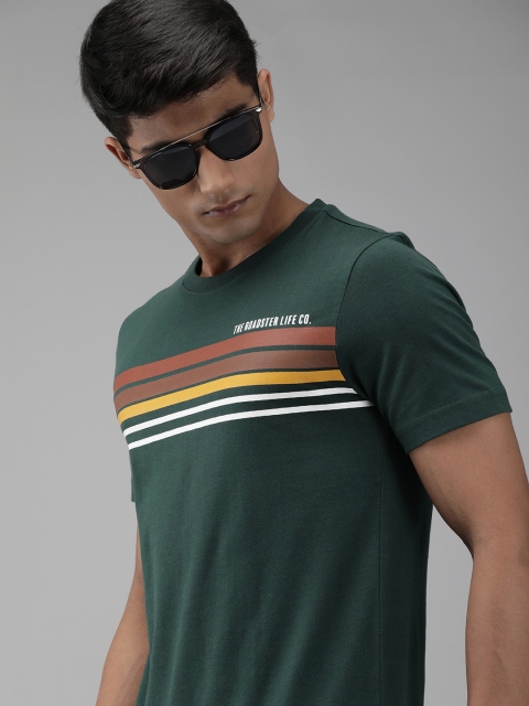 

Roadster Men Green Striped Round Neck T-shirt