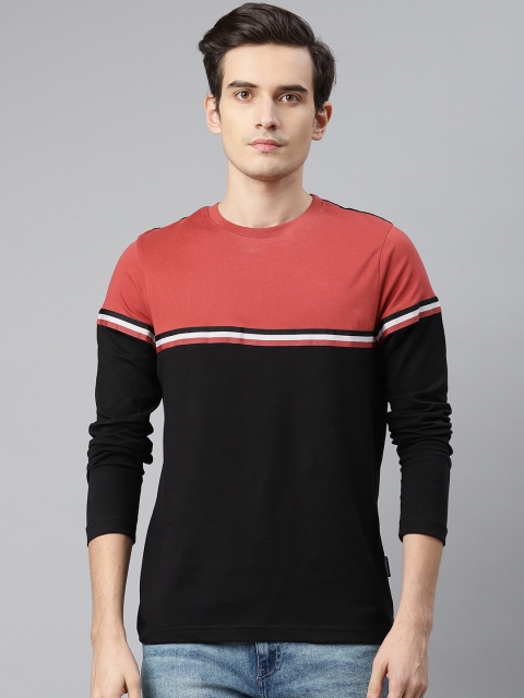 

Roadster Men Black & Rust Red Cotton Colourblocked Round Neck T-shirt