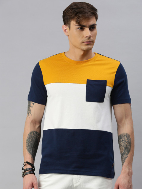 

Roadster Men Navy Blue & White Colourblocked Round Neck T-shirt, Yellow