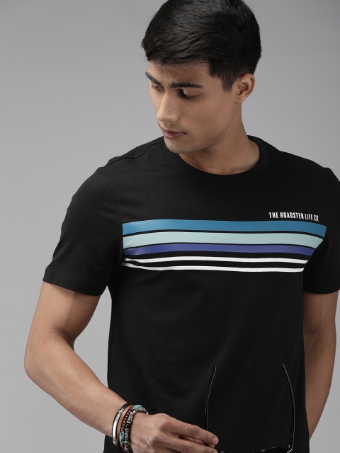 

Roadster Men Black Striped Round Neck T-shirt