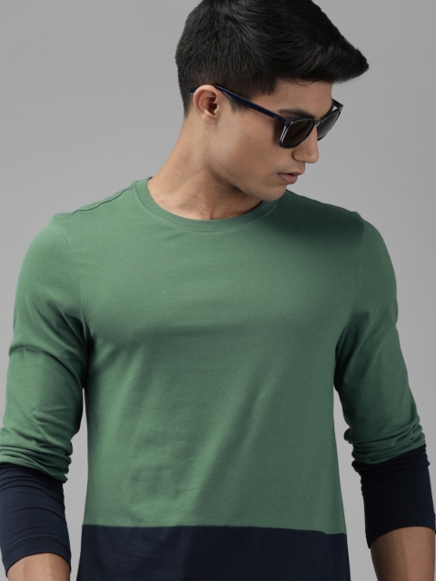 

Roadster Men Green & Navy Blue Colourblocked Round Neck T-shirt