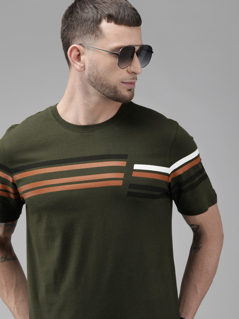 

Roadster Men Olive Green & Orange Striped Round Neck T-shirt