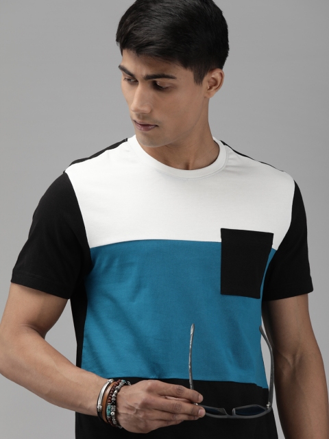 

Roadster Men White & Teal Blue Colourblocked Round Neck T-shirt with Contrast Pocket