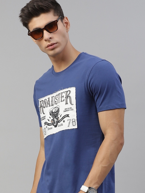 

The Roadster Lifestyle Co Men Blue & White Pure Cotton Brand Logo Printed T-shirt