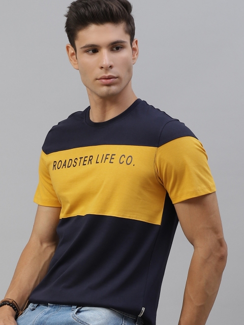 

Roadster Men Navy Blue & Mustard Yellow Pure Cotton Colourblocked T-shirt