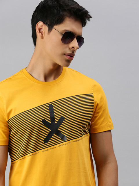 

Roadster Men Mustard Yellow Black Striped Pure Cotton T-shirt