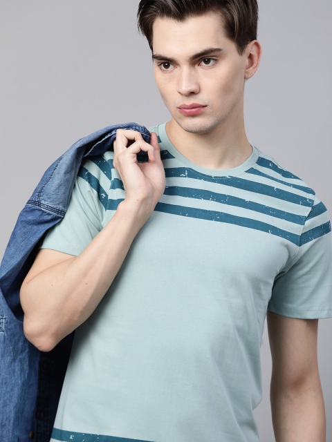 

The Roadster Lifestyle Co Men Blue Striped Pure Cotton T-shirt