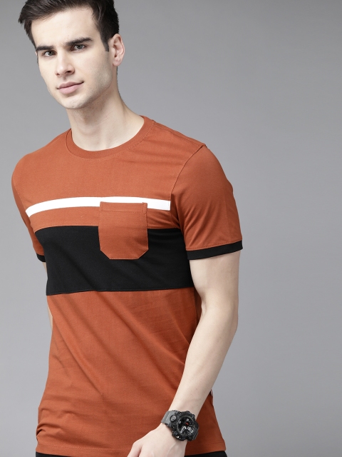 

Roadster Men Rust Red & Black Striped Cotton T-shirt