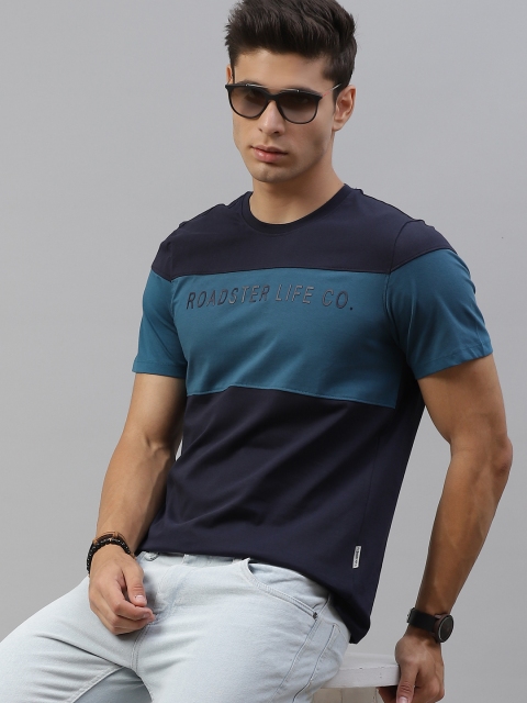 

The Roadster Lifestyle Co Men Navy Blue Pure Cotton Colourblocked T-shirt
