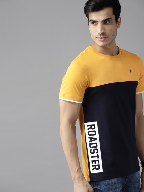 

Roadster Men Navy Blue Mustard Yellow Cotton Brand Logo Colourblocked T-shirt