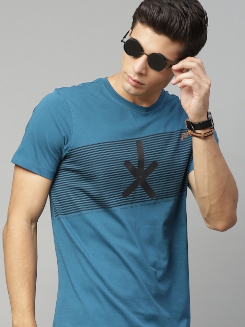 

The Roadster Lifestyle Co Men Navy Blue Black Striped Pure Cotton T-shirt