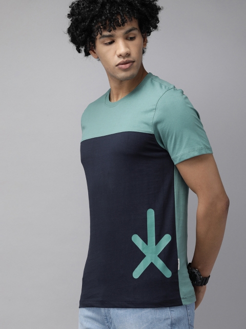 

The Roadster Lifestyle Co Men Navy Blue Green Colourblocked Pure Cotton T-shirt