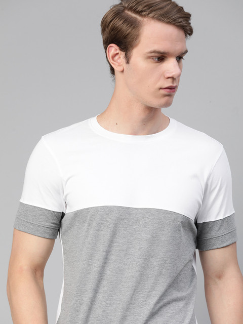 

The Roadster Lifestyle Co Men Grey Melange White Colourblocked Pure Cotton T-shirt