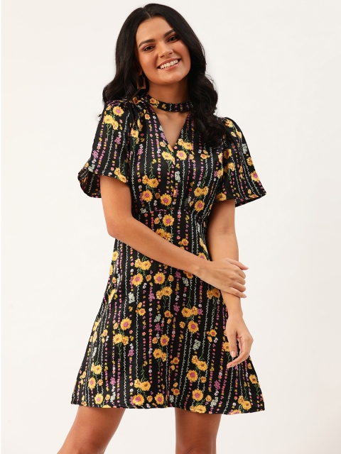

DressBerry Women Black & Mustard Yellow Satin Finish Floral Printed A-Line Dress