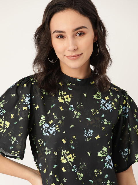 

Dressberry Black & Green Floral Printed Regular Top