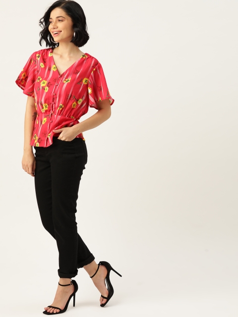 

DressBerry Pink & Yellow Floral Printed Flared Sleeves A-Line Top